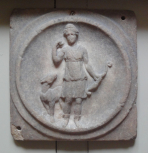 Decorative <i>tondo</i> panel depicting the Goddess Diana with a hound