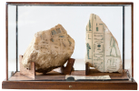 Small glass case containing two fragments of the cover of the Seti sarcophagus