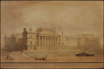 Soane office, London, Palace of Westminster, Houses of Parliament and Law Courts: perspective of the River and Abingdon Street frontages from the SE, from the drawings made in 1796