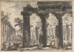 Study for Différentes vues de Pesto..., Plate VI. The Basilica looking west with the pronaos in the foreground and the Temple of Neptune to the right