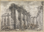 Study for Différentes vues de Pesto..., Plate V. The interior of the Basilica, looking north, showing the pronaos, with the Temple of Neptune in the distance