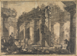 Study for Différentes vues de Pesto..., Plate XIV. The interior of the Temple of Neptune, looking south-west, showing the inner side of the opisthodomos, or rear porch