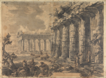 Study for Différentes vues de Pesto..., Plate III. The Basilica showing part of the west peristyle with the other two temples in the distance  
