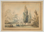 Garden scene with various studies of trees and a gardener rolling the lawn
