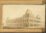Small perspective view of design for new Opera House on the site of Leicester House and Gardens, designed by the architect Robert Smirke