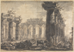 Study for Différentes vues de Pesto..., Plate VII. The interior of the Basilica, looking east, with a section of the south peristyle, the central columns of the cella, and the pronaos in the distance.