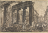 Study for Différentes vues de Pesto..., Plate XII. The interior of the Temple of Neptune from the north-east (with the peristyle partly removed) showing the pronaos and internal colonnades