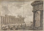 Study for Différentes vues de Pesto... , Plate IV. The Basilica from the north with the Temple of Neptune in the foreground