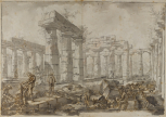 Study for Différentes vues de Pesto..., Plate IX. The interior of the Basilica, looking east, with the three surviving columns of the cella and the pronaos in the distance