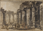 Study for Différentes vues de Pesto..., Plate VIII.The interior of the Basilica, looking north, with the pronaos to the right and the Temple of Neptune in the distance on the left