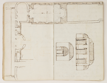 image 11v & 12r (SM volume 80) Downhill: part-plan for new west wing, sections