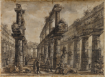 Study for Différentes vues de Pesto..., Plate XVI. The interior of the Temple of Neptune from within the cella area, looking east and showing the internal superimposed colonnades