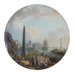 A coastal scene with shipping, figures, a fortified town and a fountain in the form of an obelisk 